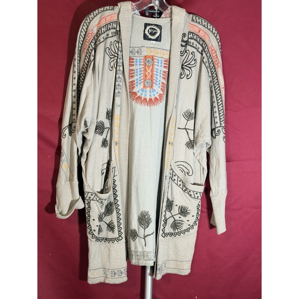 Johnny Was Biya Embroidered Hooded Cardigan Duster Ivory Cotton Sz S (A3235)